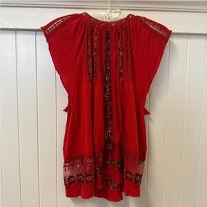 Free People Red Embroidered Top